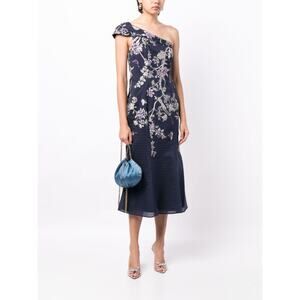 Marchesa Notte Womens Mini Dress One Shoulder Floral Jacquard Navy Size 8